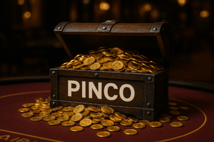 Gerçekçi bir kumarhane masasında açık bir hazine sandığı duruyor. Sandığın üzerinde büyük harflerle “Pinco” yazıyor ve içinden altın paralar taşarak masaya dökülüyor. Arka planda loş ışıklı bir casino atmosferi var.
